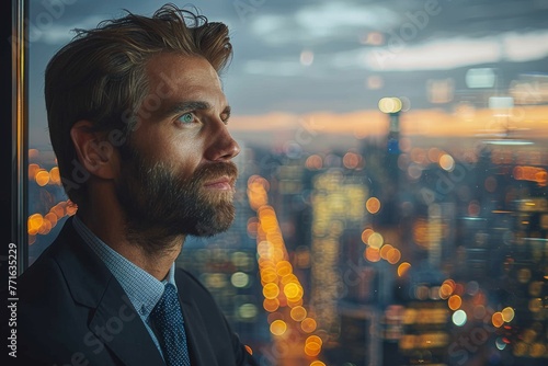 A business man contemplates the cityscape as evening lights illuminate the scene, reflecting his thoughtful mood photo