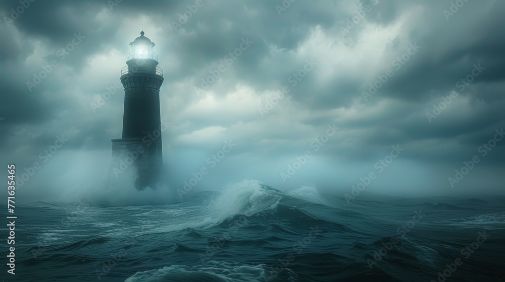 A lighthouse is shown in the water with a stormy sky in the background. The lighthouse is surrounded by waves and the water is choppy. Scene is one of danger and uncertainty, as the stormy weather
