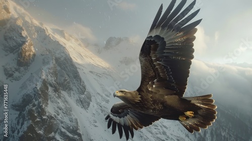 A large eagle is flying over a snowy mountain. Concept of freedom and majesty, as the eagle soars high above the mountain peaks. The contrast between the eagle's powerful wingspan photo