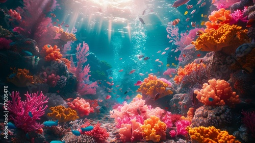 A colorful coral reef with many fish swimming around. The bright colors of the coral and fish create a lively and vibrant atmosphere