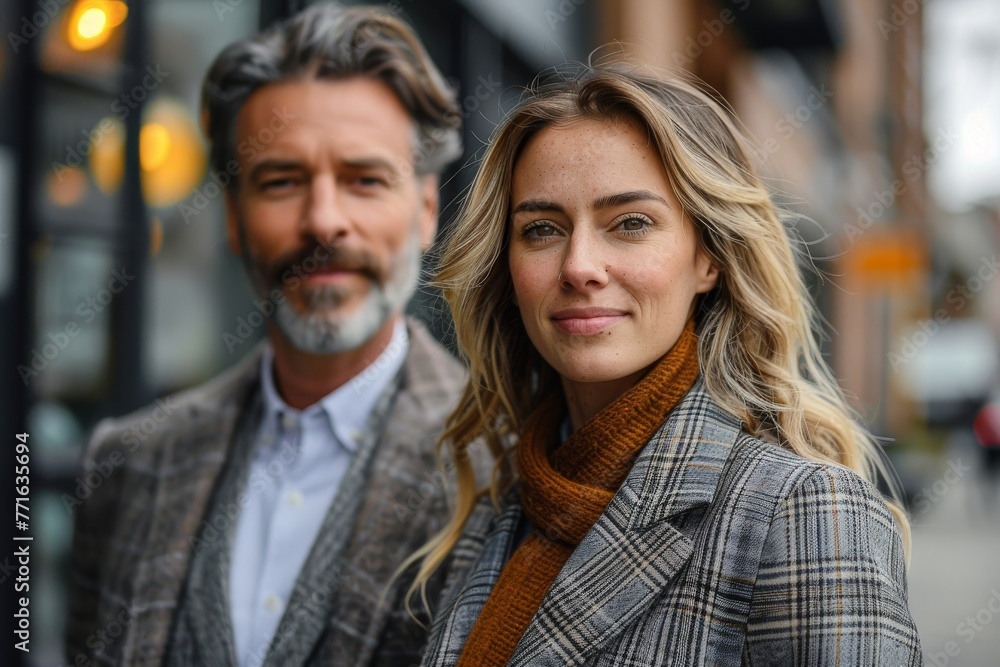 Attractive couple in professional attire posing confidently on a city street Attractive couple in professional attire posing confidently on a city street