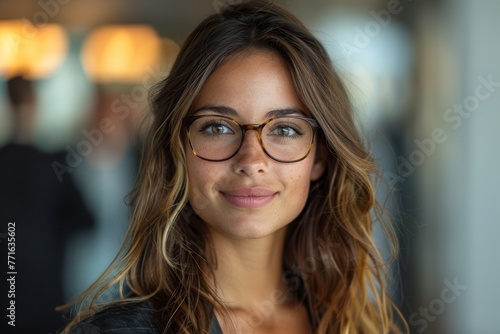 A stylish young woman with glasses giving a charming smile in a professional setting, exuding friendliness and confidence