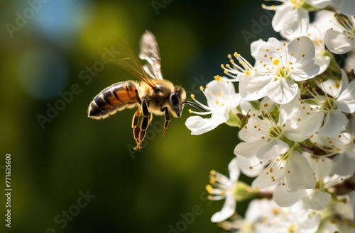 close-up shot of an ancient honey bee flying towards white flowers.