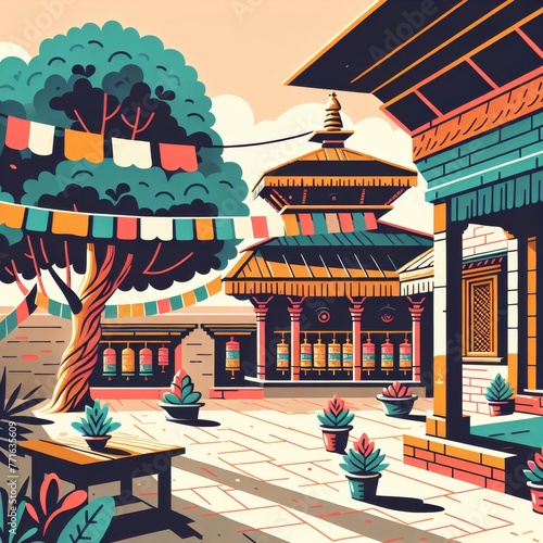 illustration of a peaceful courtyard within a Nepali temple, featuring a Bodhi tree with fluttering prayer flags and colorful prayer wheels.
 photo