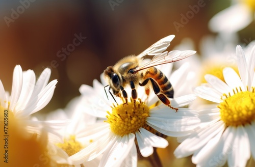 Photo of a honeybee on the center flower petal, with other white daisies in the background. © Goojournoon