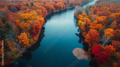 A beautiful autumn scene with a river and trees. The water is blue and the trees are orange