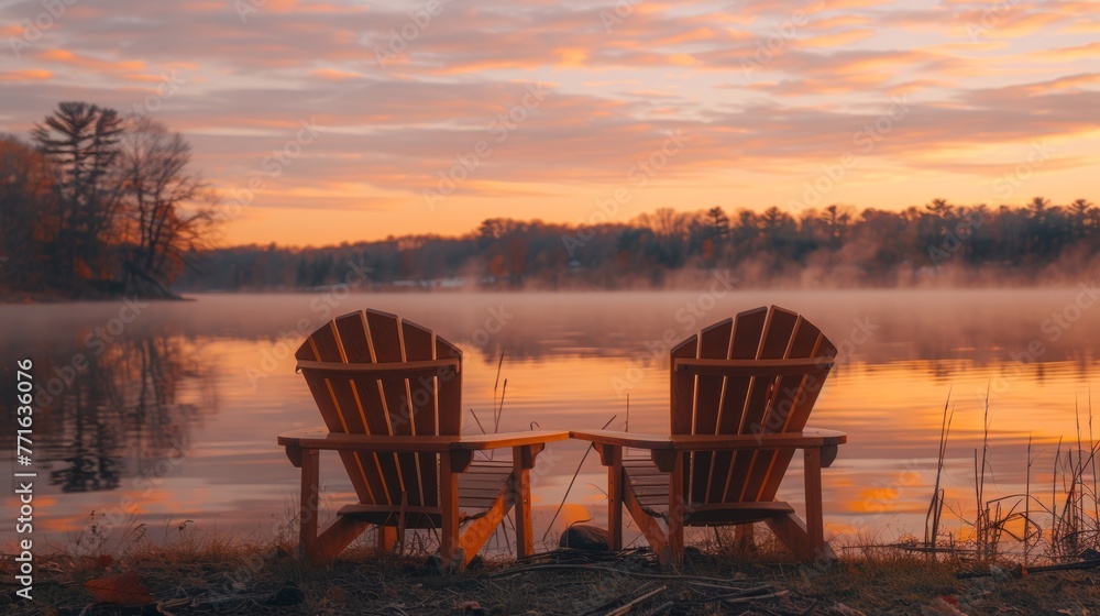 Two Adirondack chairs face serene lake at dawn's golden hour