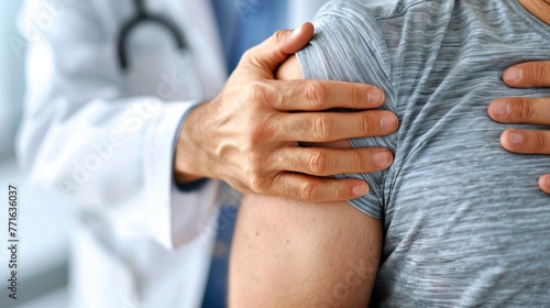 Doctor examining a patients painful shoulder using diagnostics to identify issues like rotator cuff tears or impingement
