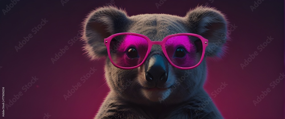Vibrant neon background, a koala wears stylish pink sunglasses. Generative AI