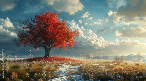 A tree with red leaves is in a field with snow on the ground. The sky is cloudy and the sun is shining through the clouds