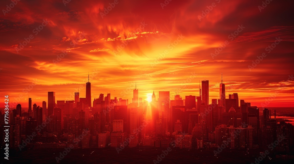 A city skyline is lit up by the sun as it sets. The sky is orange and the buildings are tall