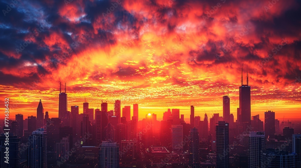 A city skyline is lit up by the sun as it sets. The sky is filled with clouds and the sun is setting in the distance