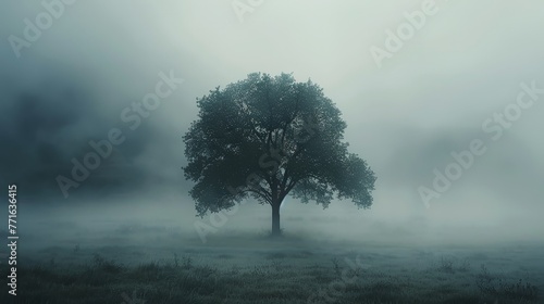 A tree stands alone in a foggy field. The misty atmosphere gives the scene a mysterious and eerie feeling