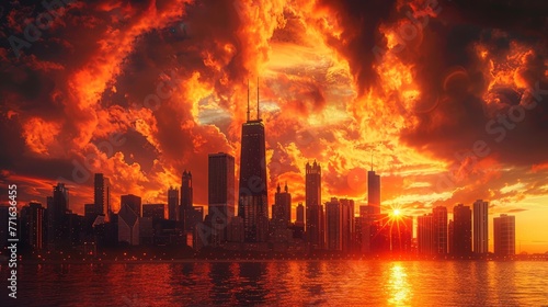 A city skyline is lit up by the sun as it sets. The sky is filled with orange and red clouds  creating a warm and inviting atmosphere. The city is bustling with activity