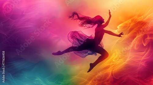 A woman is leaping into the air in a colorful background. Concept of freedom and joy, as the woman's body is suspended in mid-air, seemingly weightless