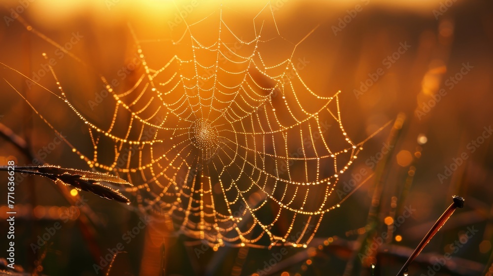 A spider web is shown in the foreground of a field. The web is very intricate and has a lot of detail. The field is dry and the sun is setting, creating a warm and peaceful atmosphere A spider web is shown in the foreground of a field. The web is very intricate and has a lot of detail. The field is dry and the sun is setting, creating a warm and peaceful atmosphere