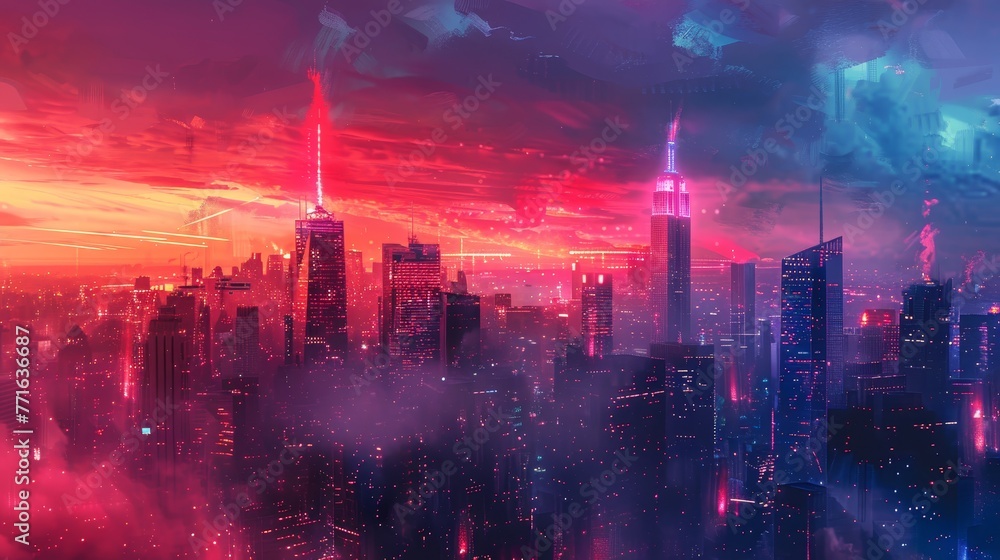 A cityscape with a red and blue sky with a city in the background. The city is lit up with neon lights