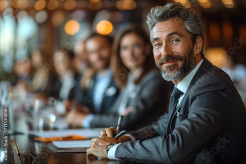 Seasoned business leader with a smile, sitting in a meeting room with his team in a blurred background photo