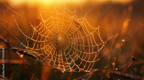 A spider web is shown in the foreground of a field. The web is very intricate and has a lot of detail. The field is dry and the sun is setting, creating a warm and peaceful atmosphere