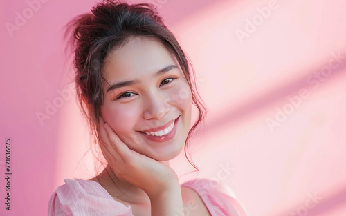 Woman with pink shirt and ponytail is smiling and touching her face. She looks happy and confident