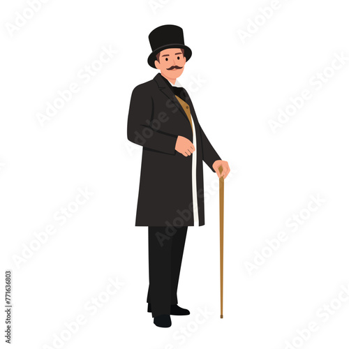 Elegant proud man of the nineteenth century. The gentleman in a frock coat and a top hat, holds a cane in hand. Flat vector illustration isolated on white background