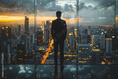 A contemplative businessman stands gazing at the city skyline at dusk, reflecting on aspirations