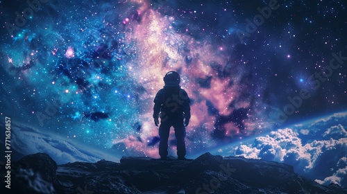 A man in a spacesuit stands on a rocky hill, looking up at the stars. The scene is set in a vast, colorful galaxy, with the man being the only visible human figure. Scene is one of wonder