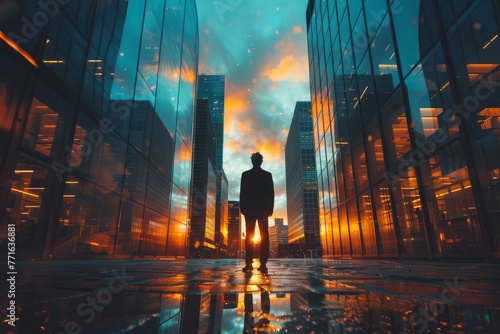 A lone man stands confronting the dramatic, futuristic cityscape with a radiant sun photo