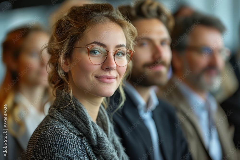 Young attractive woman with glasses turns her attention from a meeting to smile at the camera, with colleagues in background Young attractive woman with glasses turns her attention from a meeting to smile at the camera, with colleagues in background