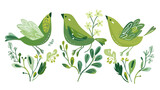 Pássaro verde e flores da primavera - Ilustração fofa