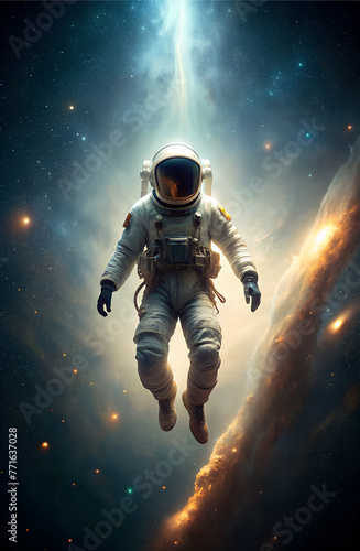 An astronaut floating weightlessly in the vastness of space, surrounded by a backdrop of glittering stars and distant galaxies