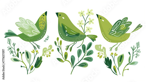 Pássaro verde e flores da primavera - Ilustração fofa photo