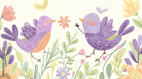 Pássaro roxo e flores da primavera - Ilustração fofa photo