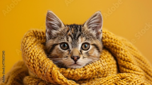 Energetic kitten in a knitted scarf coziness all around against a warm yellow background copyspace for comfy tales
