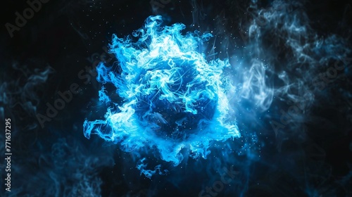 Energetic spark erupting from a blue sphere a spectacle of light against the black background copyspace ready