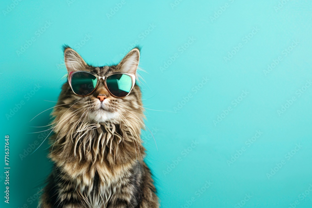 Fluffy cat sporting elegant sunglasses epitome of cool against a vibrant turquoise background copyspace for sunny vibes