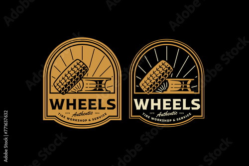 tire and rim car retro badge logo design template for automotive service, garage and sport