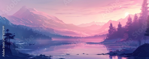 Pastel anime-style illustration of a dramatic mountain valley at twilight