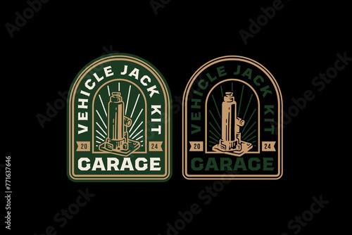 hydraulic jack-screw car retro badge logo design template for automotive service, workshop, garage and sport