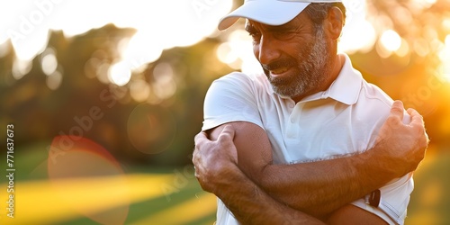 Man receiving a massage on his elbow at a golf course to relieve pain during a game. Concept Golf, Elbow Massage, Pain Relief, Sports Therapy, Wellness photo
