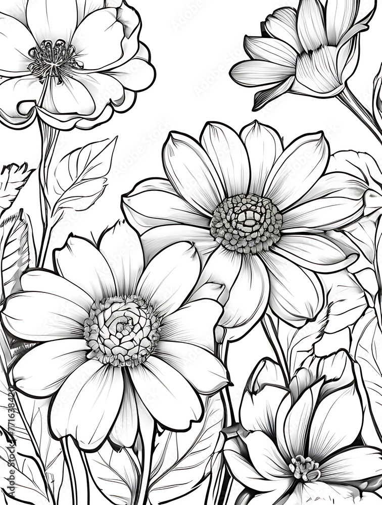 Flowers line outline coloring page white background  ai generated 