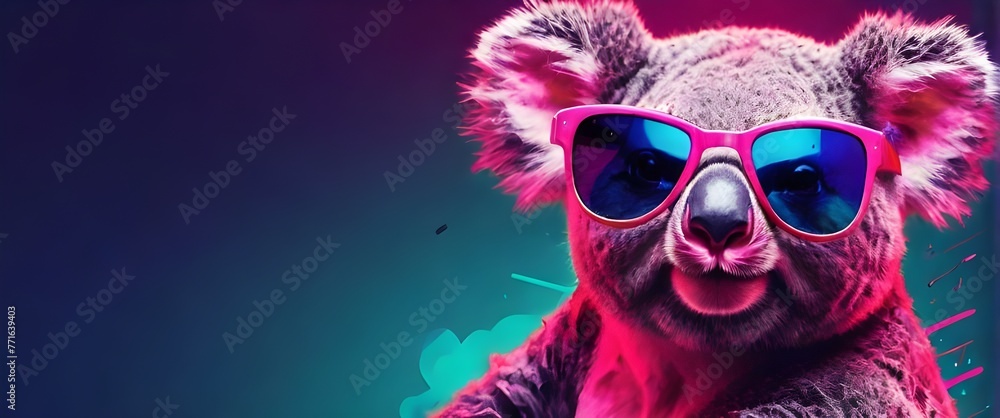 Vibrant neon background, a koala wears stylish pink sunglasses. Generative AI - obrazy, fototapety, plakaty 
