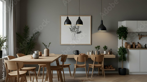 Interior design of dining room with mock up poster fra .Generative AI photo