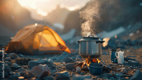 camping in mountains and a tent with stove