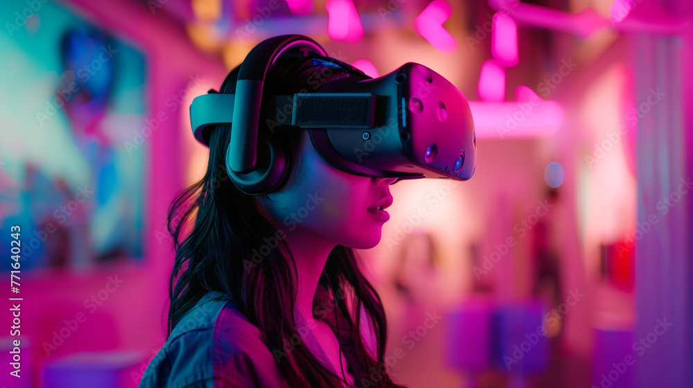 Virtual reality a woman wearing a VR glasses Headsets in a game room with colorful neon light Virtual reality a woman wearing a VR glasses Headsets in a game room with colorful neon light