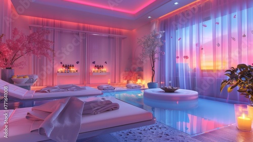 Modern spa interior with vibrant neon lights