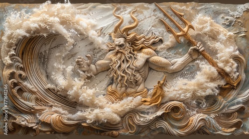 Poseidon with his trident commanding waves and sea creatures a storm brewing at his command photo