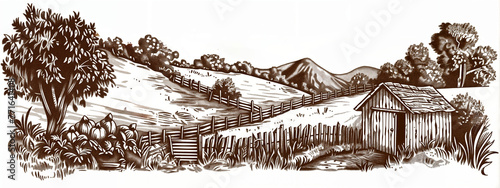 Engraving Landscape, House and Barn, Farm Life Etching, background for Country Lifestyle, Nature Concept, Agritourism Marketing, Rustic Home Decor Inspiration, Card, Poster, Illustration , Banner, Tag