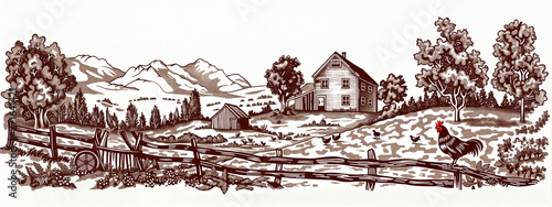 Engraving Landscape, Hen and Barn, Farm Life Etching, background for Country Lifestyle, Nature Concept, Agritourism Marketing, Rustic Home Decor Inspiration, Card, Poster, Illustration , Banner, Tag