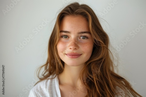 Portrait of young beautiful cheerful girl smiling looking at camera on a white background, Generative AI
